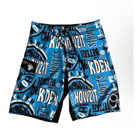 Hawaiian island creations (HIC) Board shorts blue and black Design sz 32 - Picture 1 of 12